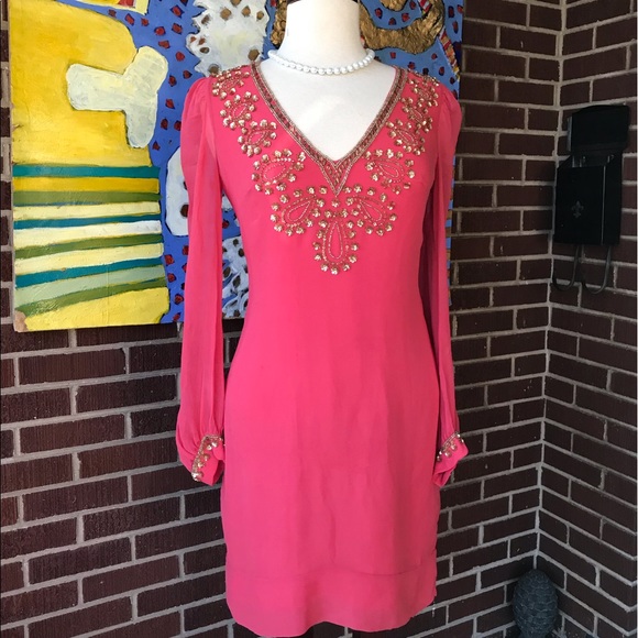 French Connection Sequined Coral Silk Shift Dress - Picture 2 of 8